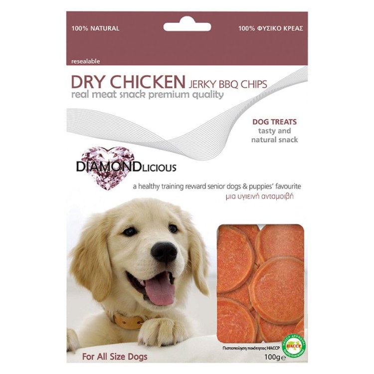 PET CAMELOT DIAMONDLICIOUS DRY CHICKEN CHIPS BBQ 100gr