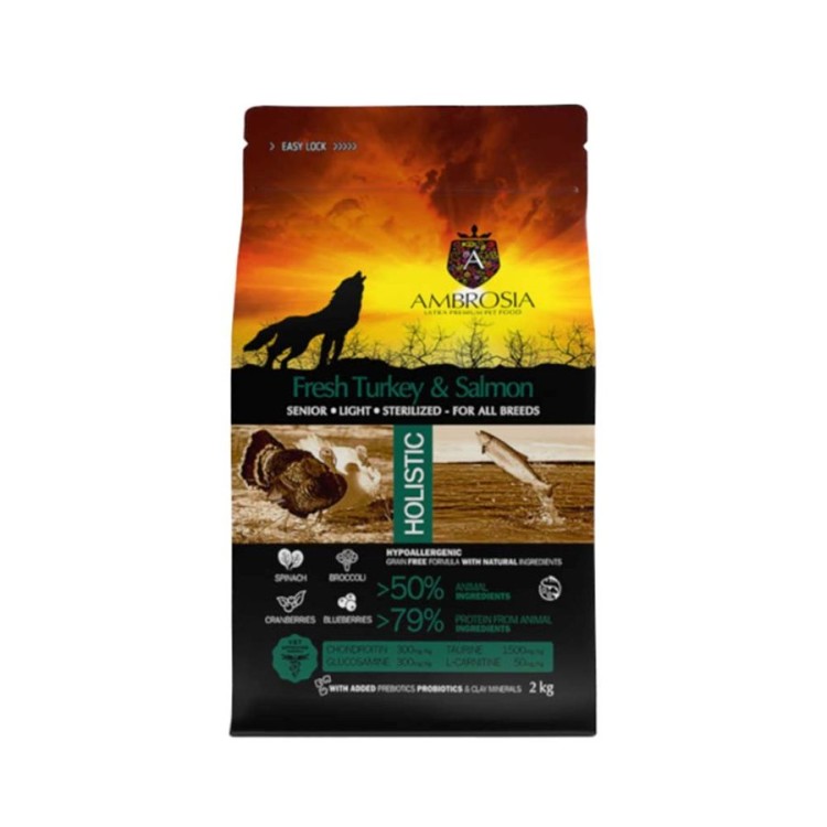 AMBROSIA GRAIN FREE SENIOR DOG LIGHT STERILIZED ALL BREEDS FRESH TURKEY AND SALMON 12kg