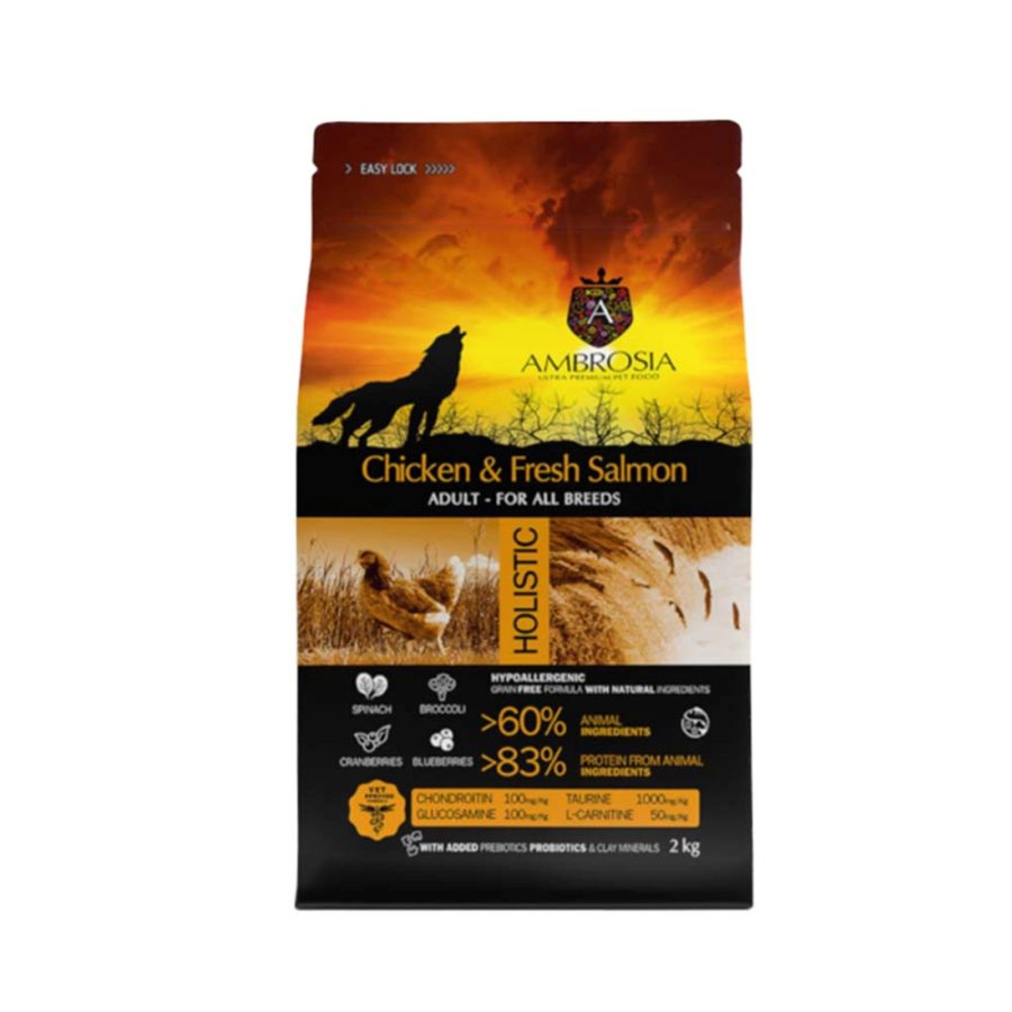 AMBROSIA GRAIN FREE ADULT DOG  ALL BREEDS CHICKEN AND FRESH SALMON 2kg
