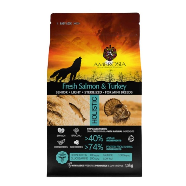 AMBROSIA GRAIN FREE ADULT DOG SENIOR LIGHT STERILIZED MINI BREEDS FRESH SALMON AND TURKEY 5kg