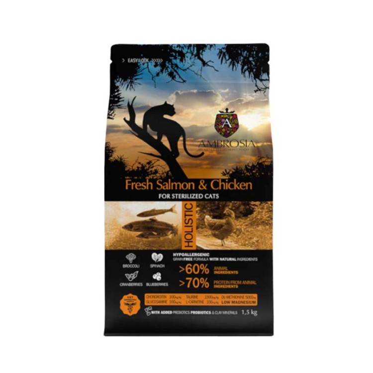 AMBROSIA GRAIN FREE ADULT CAT STERILISED FRESH SALMON AND CHICKEN 1.5kg