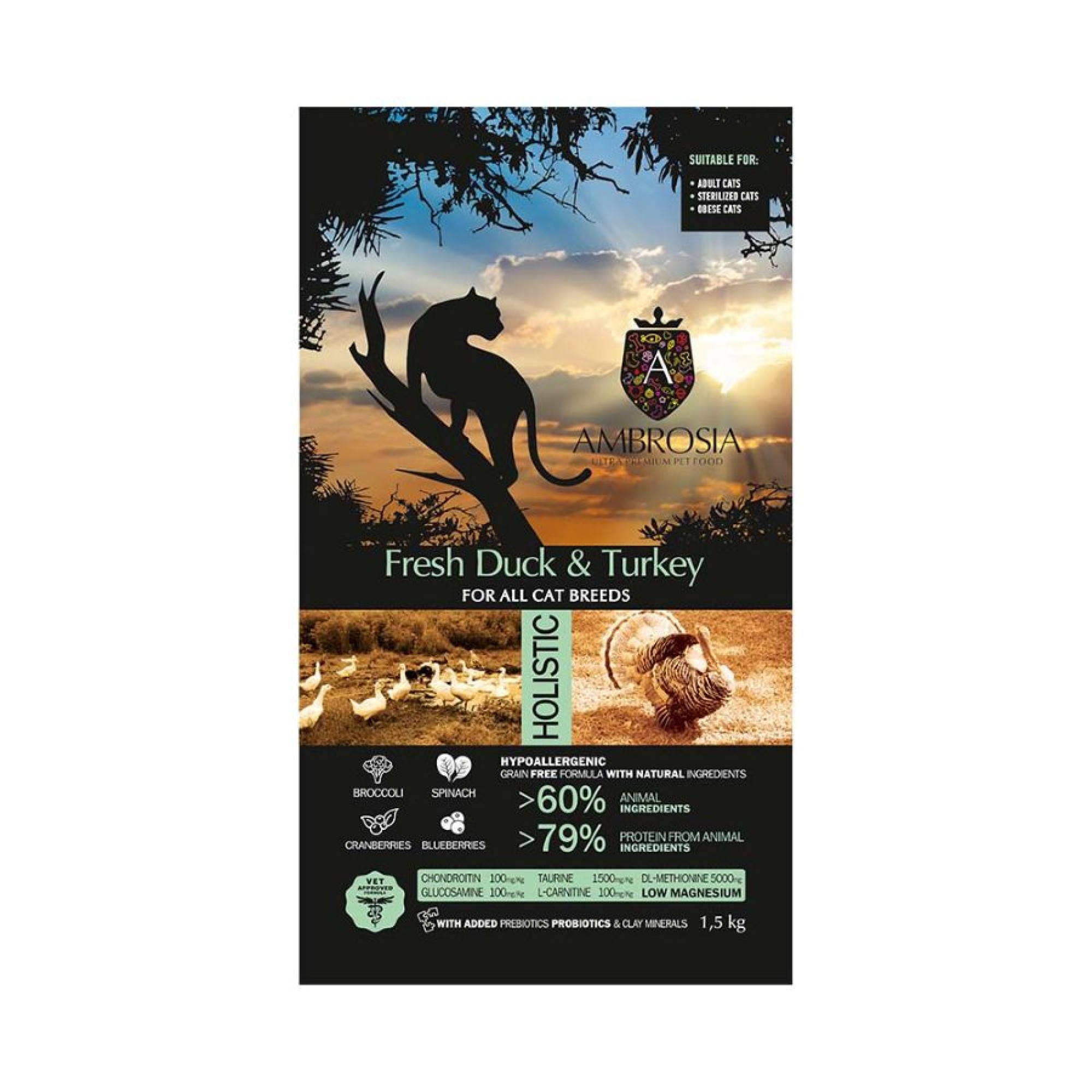 AMBROSIA GRAIN FREE ADULT CAT STERILISED DUCK AND FRESH TURKEY 1.5kg
