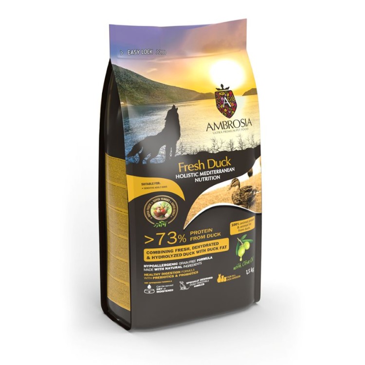 AMBROSIA MEDITERRANEAN GRAIN FREE ADULT DOG SENSITIVE FRESH DUCK 1.5kg
