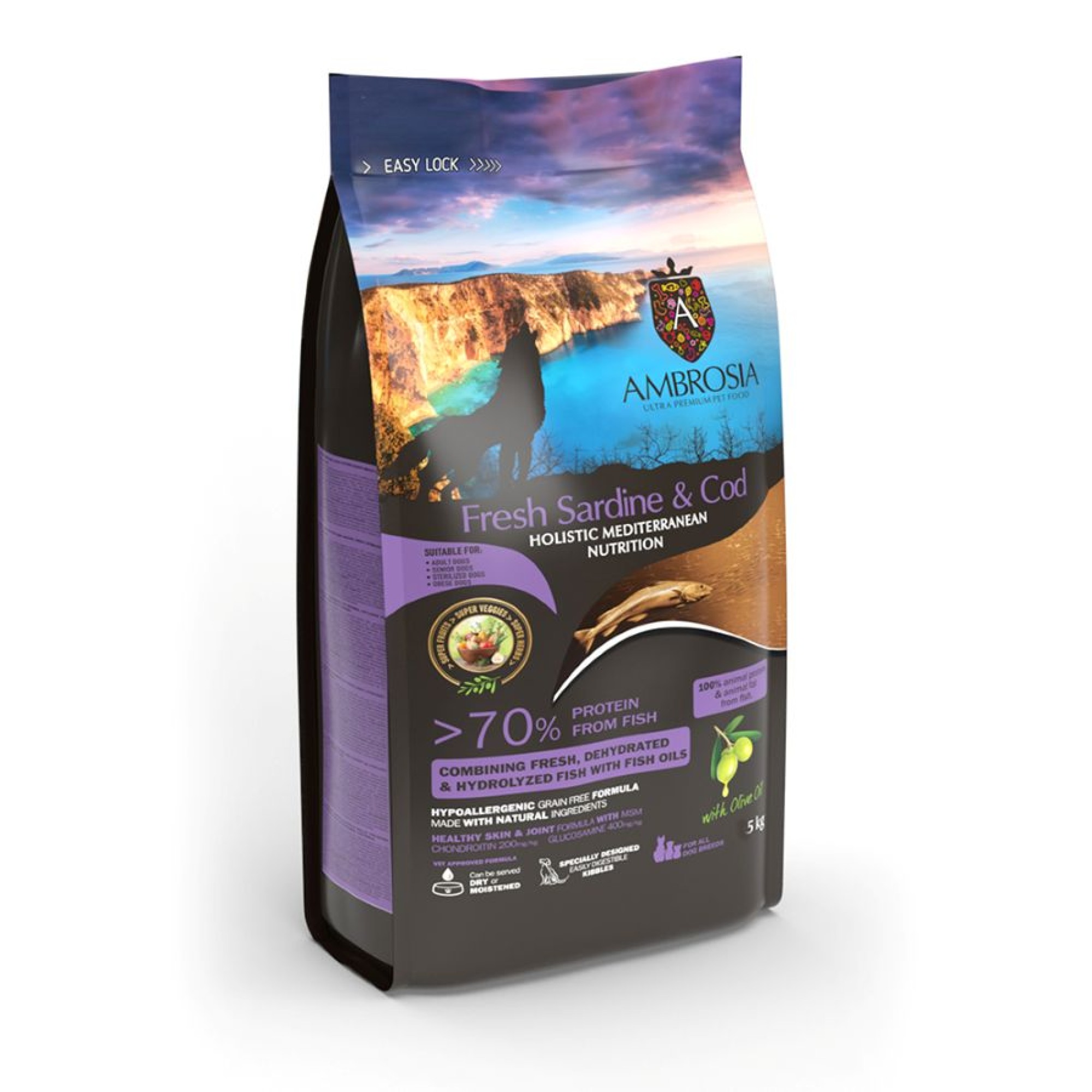 AMBROSIA MEDITERRANEAN GRAIN FREE SENIOR DOG LIGHT STERILIZED FRESH SARDINE AND COD 5kg