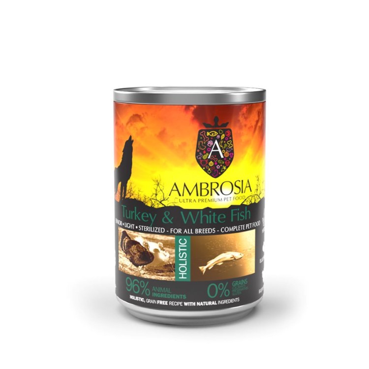 AMBROSIA GRAIN FREE SENIOR DOG LIGHT STERILISED ΓΑΛΟΠΟΥΛΑ ΚΑΙ ΛΕΥΚΑ ΨΑΡΙΑ 400gr