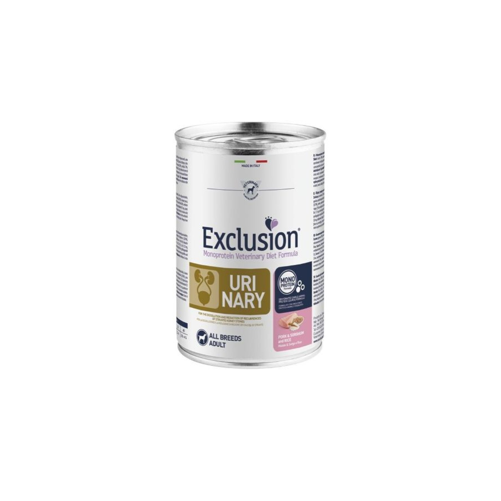 EXCLUSION VETERINARY DIET URINARY PORK SORGHUM AND RICE ADULT DOG 400gr