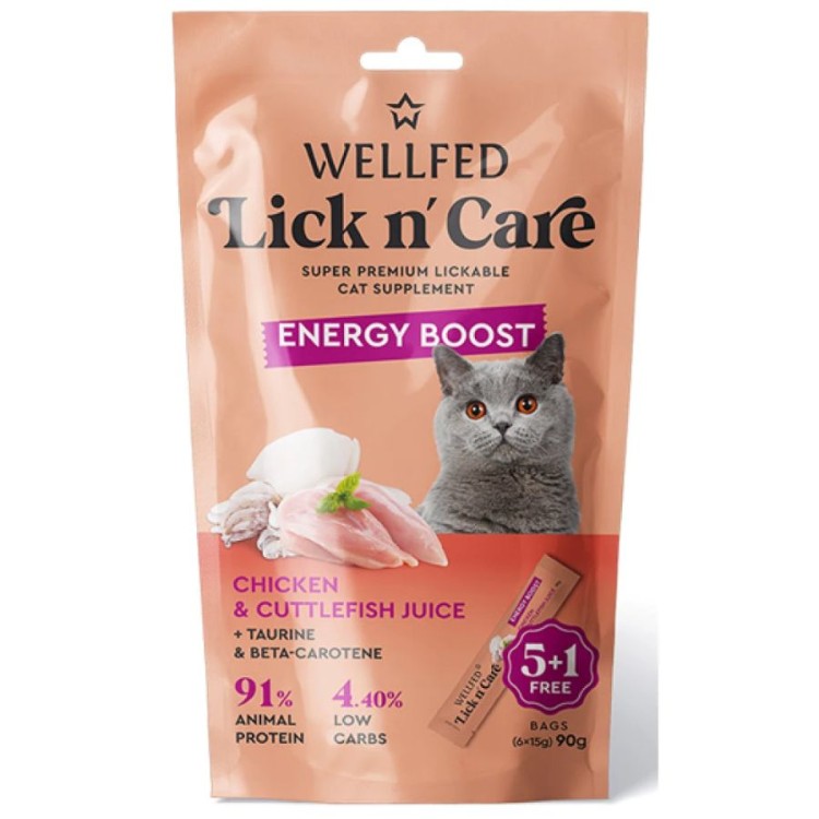 WELLFED LICK N CARE ENERGY BOOST ΚΡΕΜΩΔΗΣ ΛΙΧΟΥΔΙΑ ΓΑΤΑΣ ΜΕ ΚΟΤΟΠΟΥΛΟ ΚΑΙ ΜΕΛΑΝΙ ΣΟΥΠΙΑΣ 6pcsx15gr