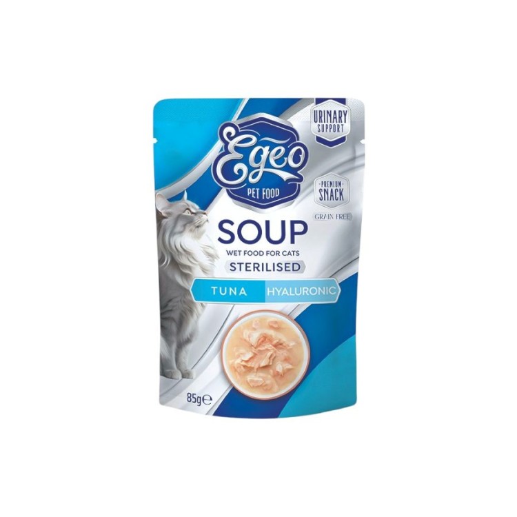 EGEO STERILISED ADULT CAT SOUP ΤΟΝΟΣ ΚΑΙ ΥΑΛΟΥΡΟΝΙΚΟ ΟΞΥ 85gr
