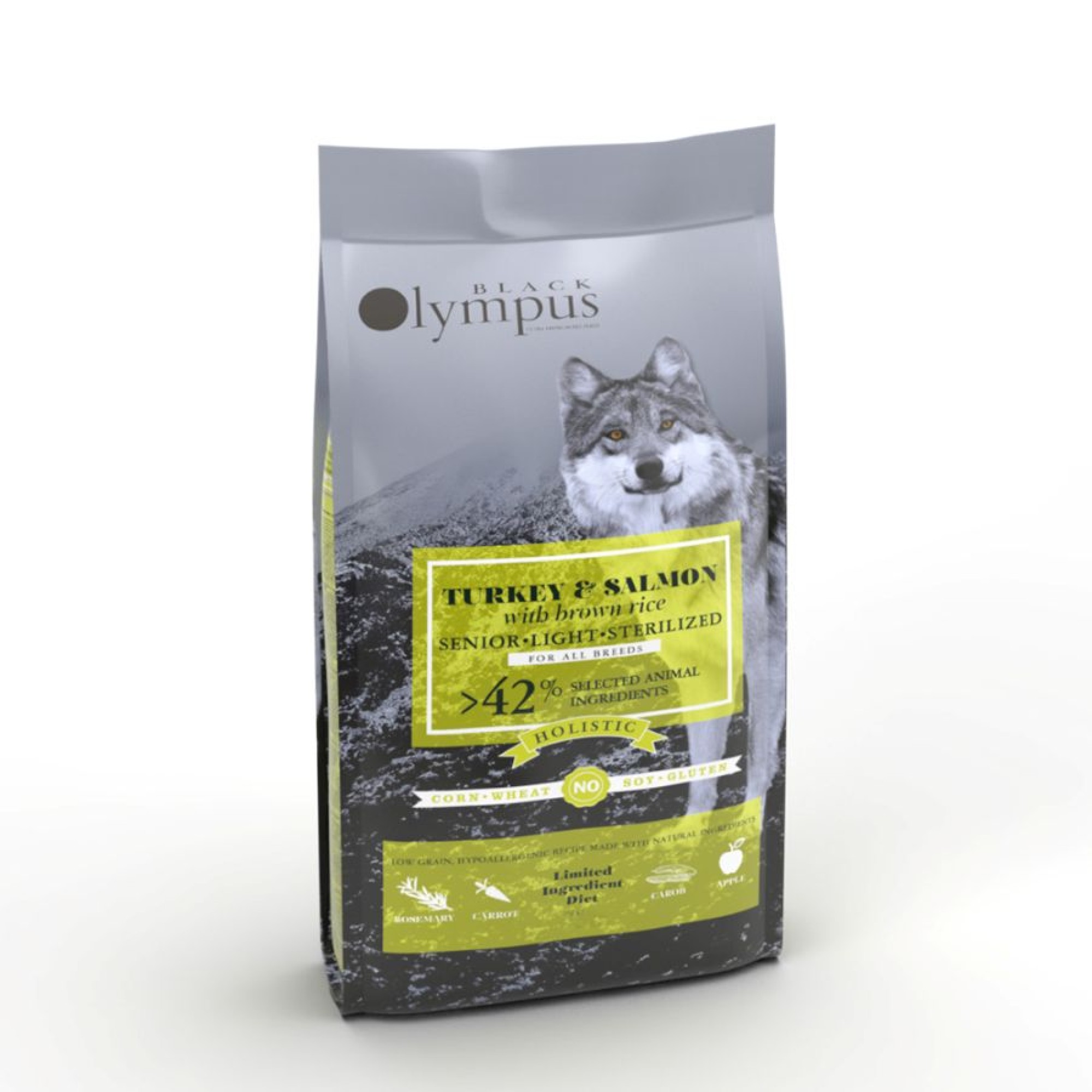 BLACK OLYMPUS LOW GRAIN SENIOR LIGHT STERILIZED DOG ΓΑΛΟΠΟΥΛΑ ΣΟΛΟΜΟΣ ΚΑΙ ΚΑΣΤΑΝΟ ΡΥΖΙ 12kg