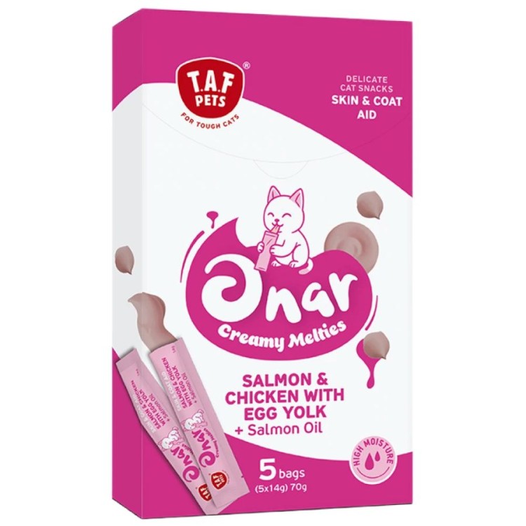 TAF PETS ONAR SKIN AND COAT AID CAT CREAMY FOOD ΣΟΛΟΜΟ ΚΟΤΟΠΟΥΛΟ ΚΡΟΚΟ ΑΥΓΟΥ ΚΑΙ ΛΑΔΙ ΣΟΛΟΜΟΥ 5pcs x 14gr